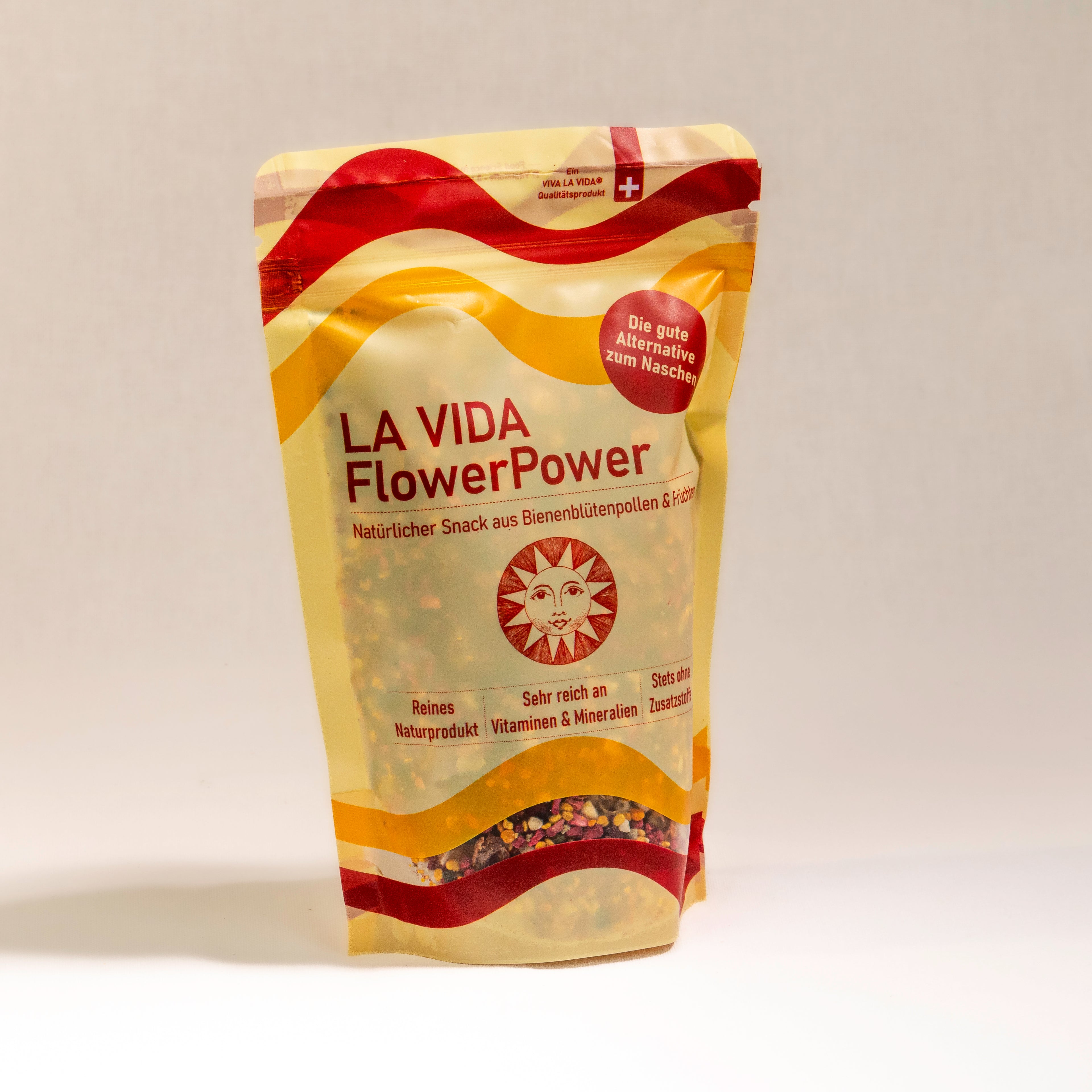 LA VIDA FlowerPower vitaminreicher Snack aus Bienen-Blütenpollen, Trockenfrüchten und Mandeln. Hergestellt in der Schweiz. 190g. Frontansicht.
