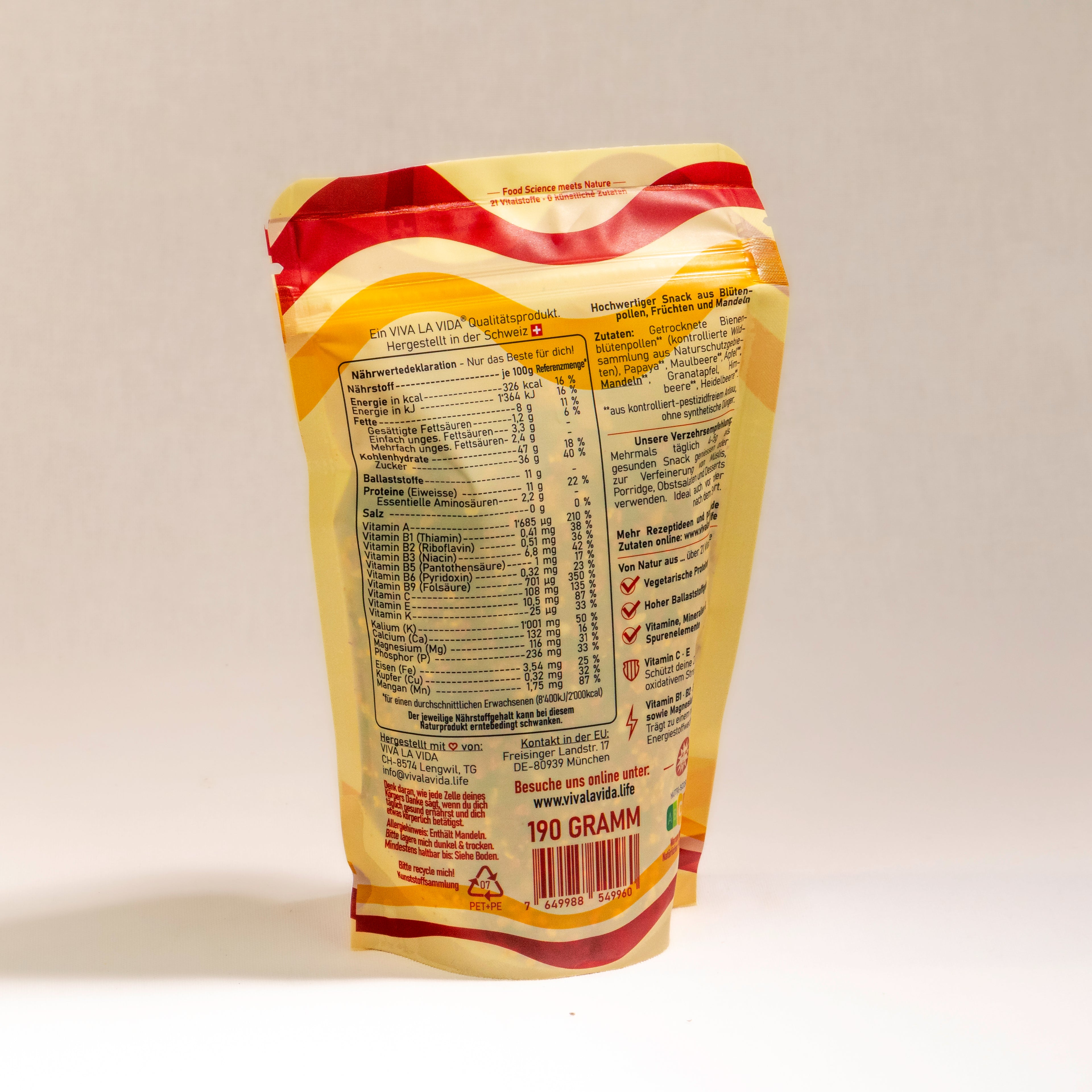 LA VIDA FlowerPower vitaminreicher Snack aus Bienen-Blütenpollen, Trockenfrüchten und Mandeln. Hergestellt in der Schweiz. 190g. Rückansicht.