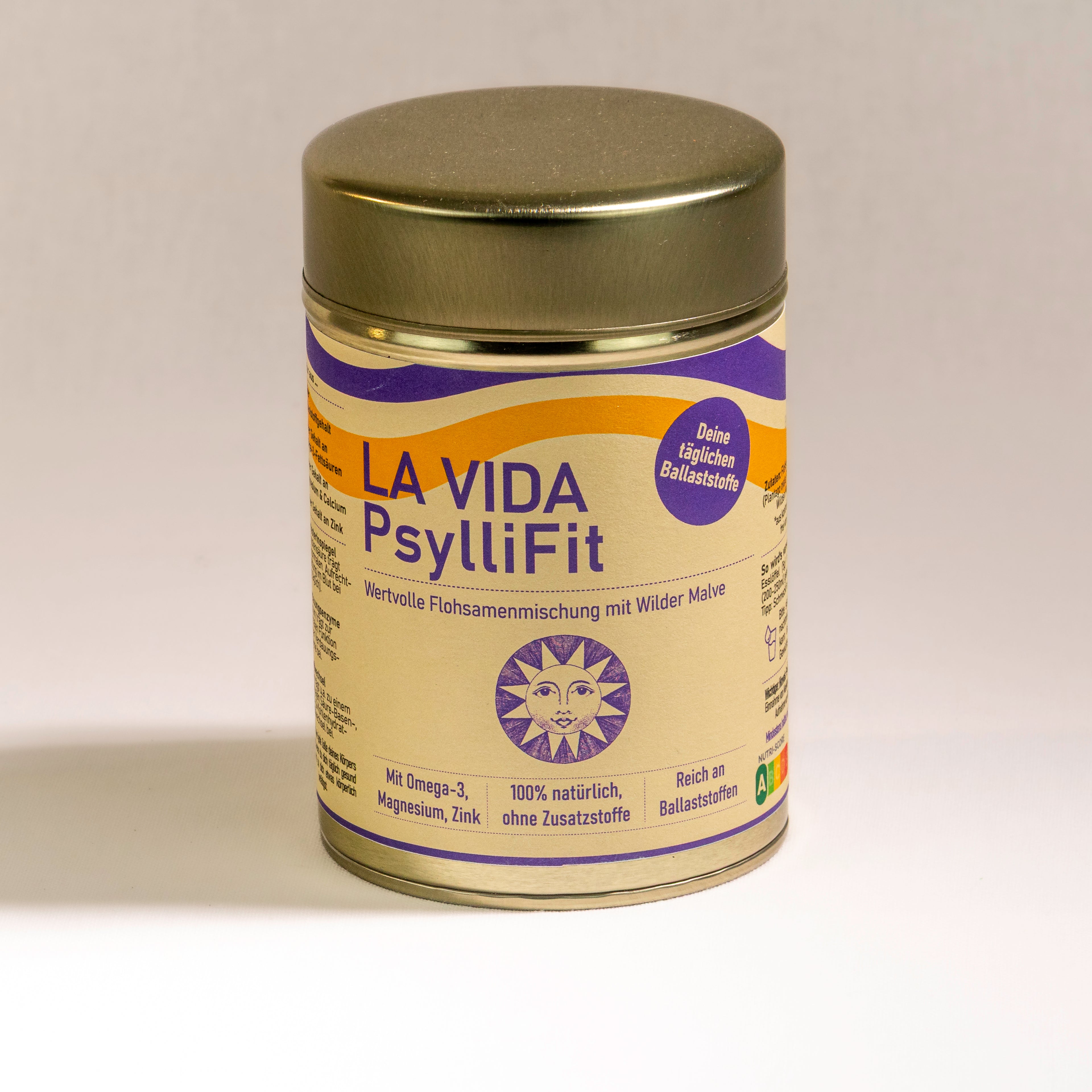 LA VIDA PsylliFit Ballaststoffmischung aus Flohsamen und den lila Blüten der Wilden Malve. 250g. Ansicht von vorne.
