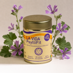 LA VIDA PsylliFit Ballaststoffmischung aus Flohsamen und den lila Blüten der Wilden Malve. 250g. Ansicht von vorne mit frischen Blüten und Blättern der Wilden Malve.