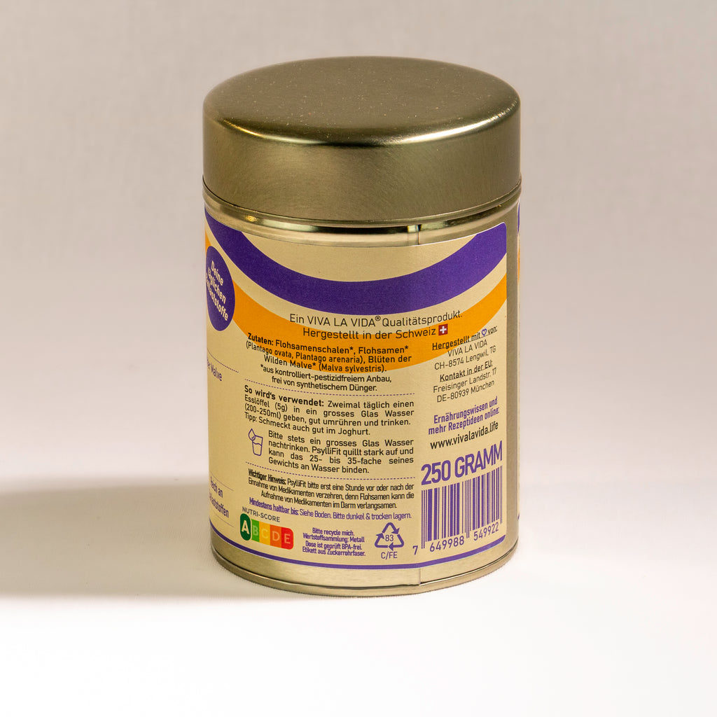 LA VIDA PsylliFit Ballaststoffmischung aus Flohsamen und den lila Blüten der Wilden Malve. 250g. Seitenansicht 2.
