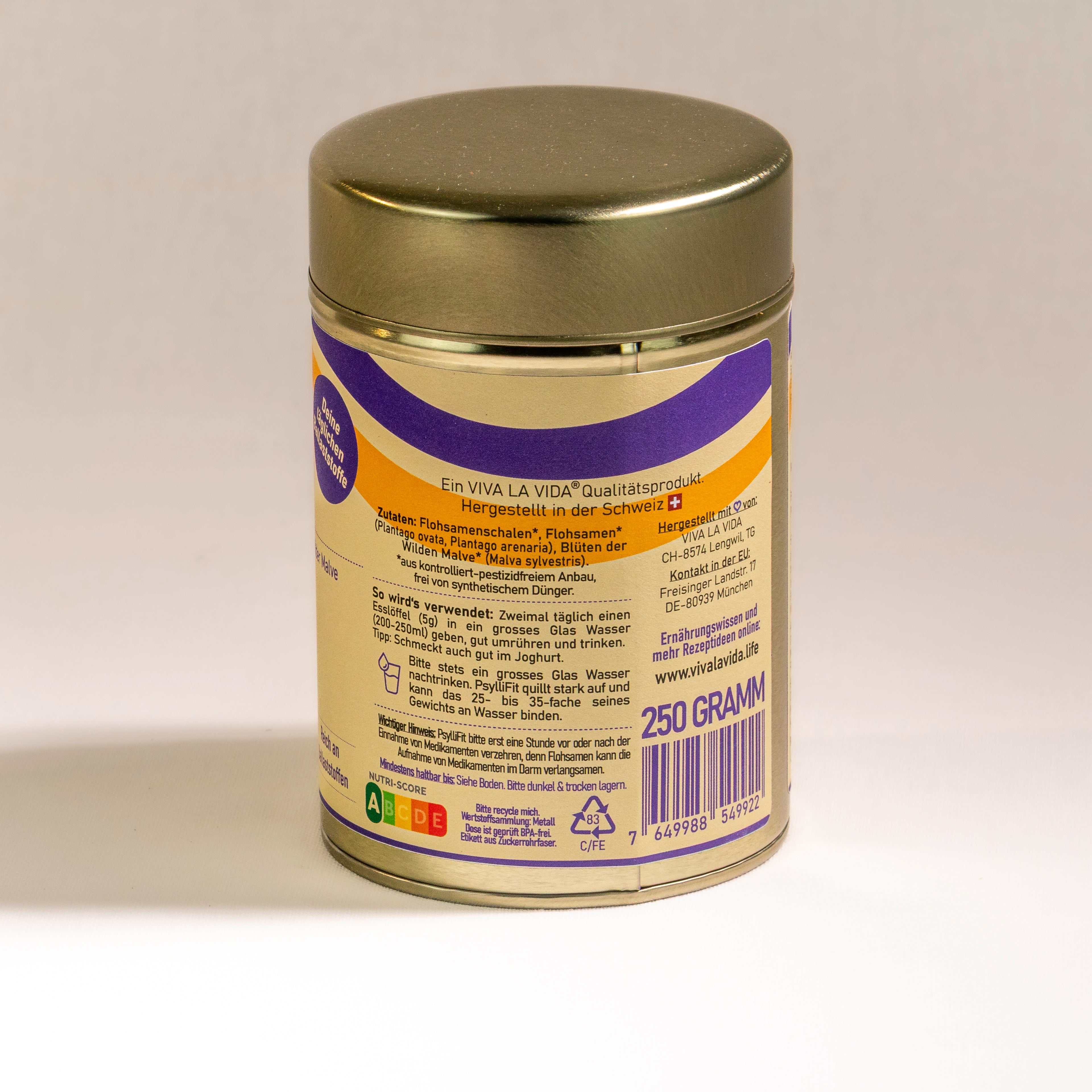LA VIDA PsylliFit Ballaststoffmischung aus Flohsamen und den lila Blüten der Wilden Malve. 250g. Seitenansicht 2.
