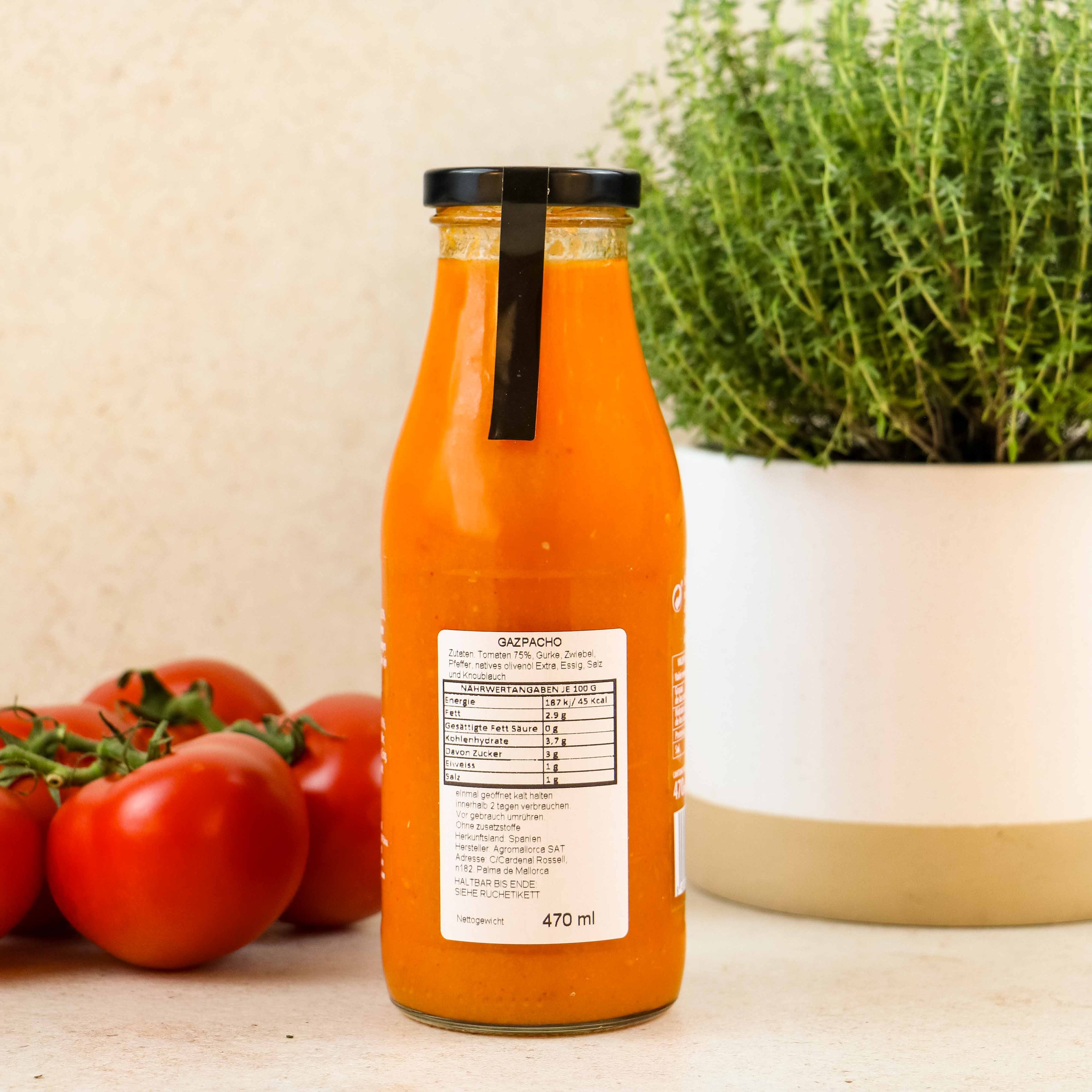 Spanische Gazpacho, Agromallorca, Rückseite 3 mit deutschsprachigem Lebensmitteletikett