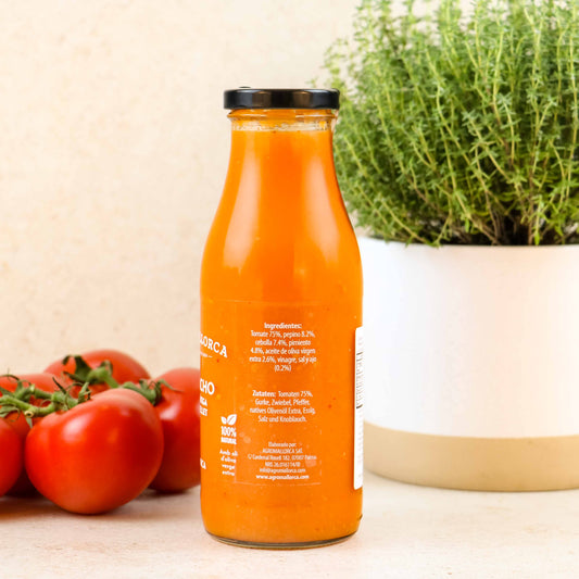 Spanische Gazpacho, Agromallorca, Rückseite 2 mit Zutaten & Hinweisen